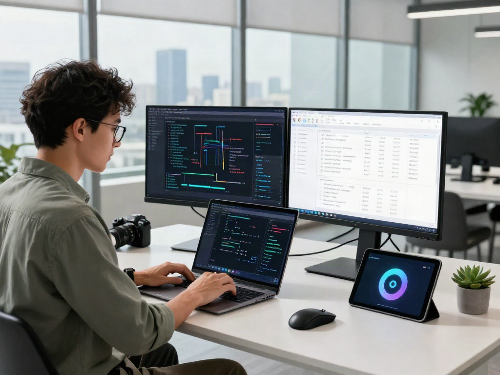 Developer working on ai gf project in innovative tech workspace with dual screens.