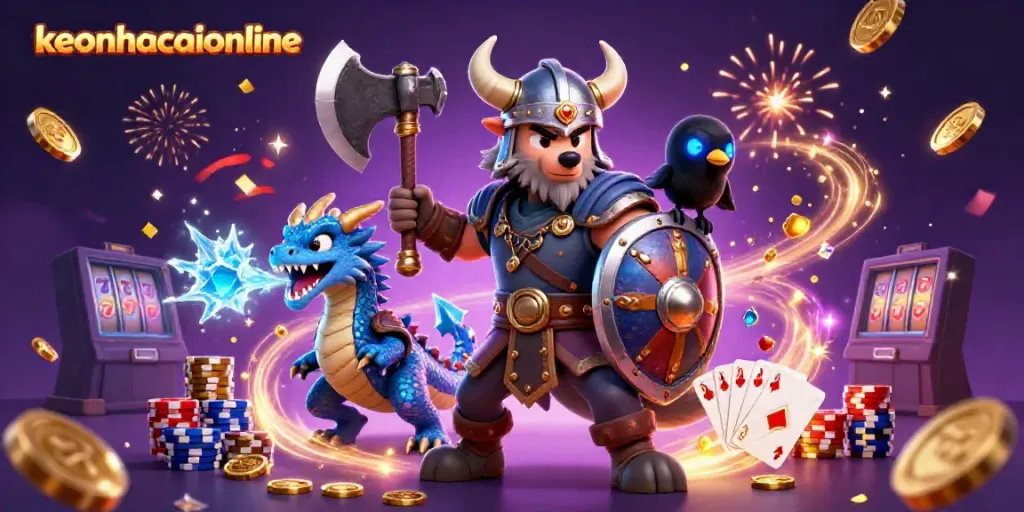 Experience exciting gaming moments with keonhacaionline through a vibrant casino scene featuring a Viking wolf warrior.
