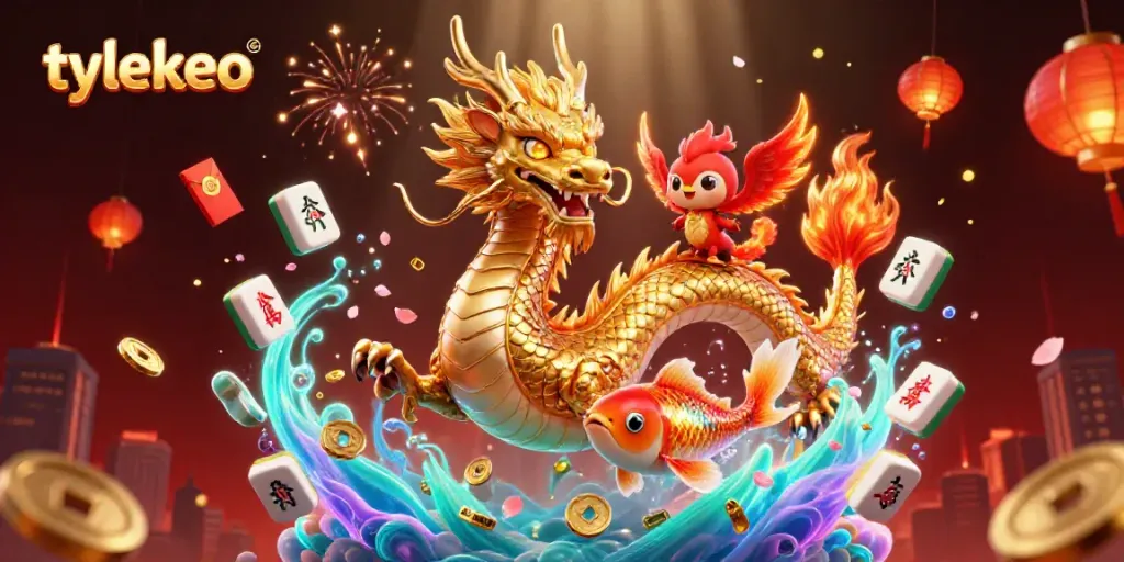 Experience the thrill of gambling with tylekeo's vibrant illustration of a dragon, phoenix, and koi fish amidst glowing casino elements.