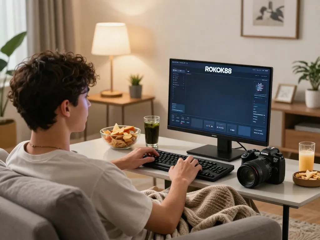 Relaxing gaming ambiance at home with rokok 88 game interface.