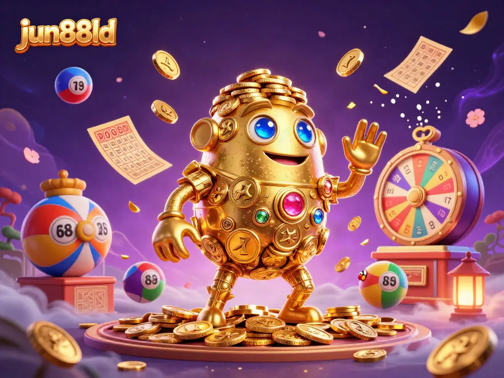 Engage with the playful world of jun88ld as golden coins and vibrant lottery elements create a captivating casino experience.