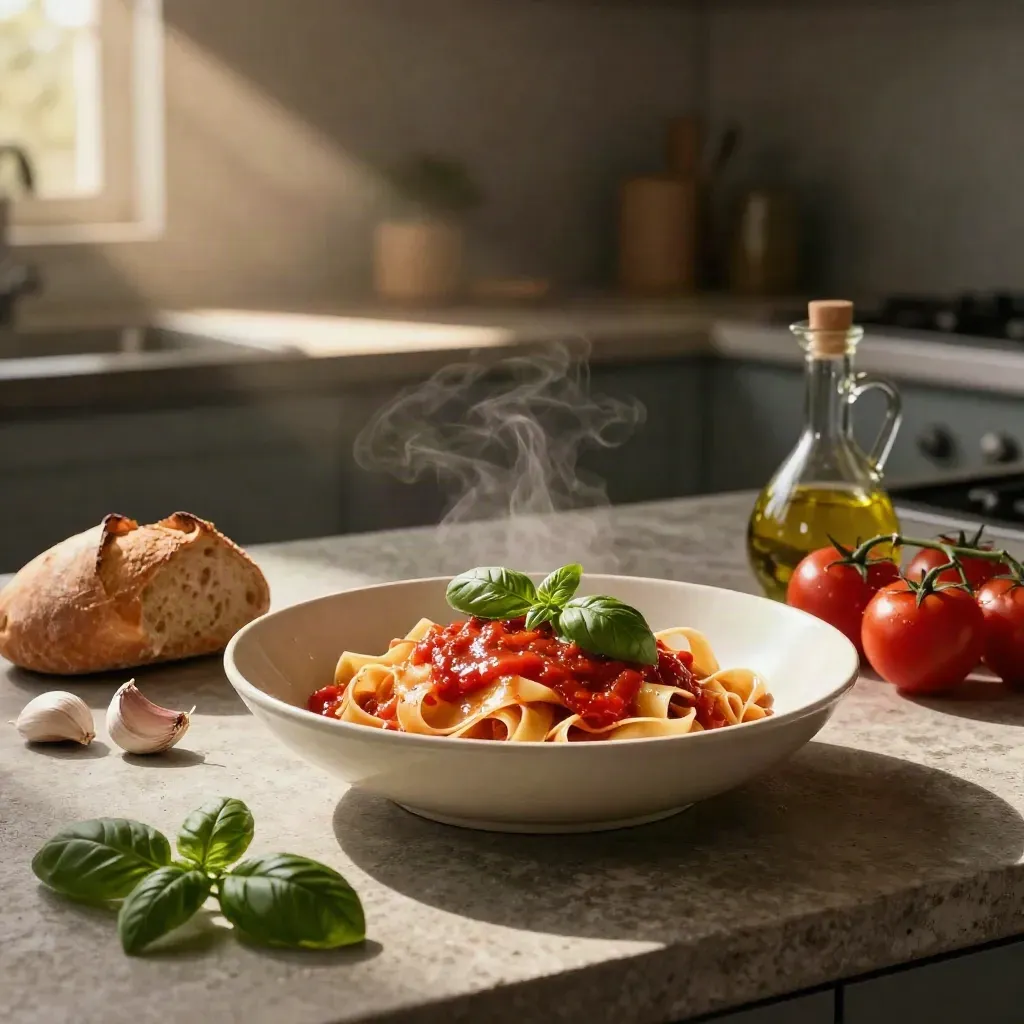 Tagliatelle al pomodoro in una ciotola di ceramica, basilico, aglio, olio e pane su pietra scura.
