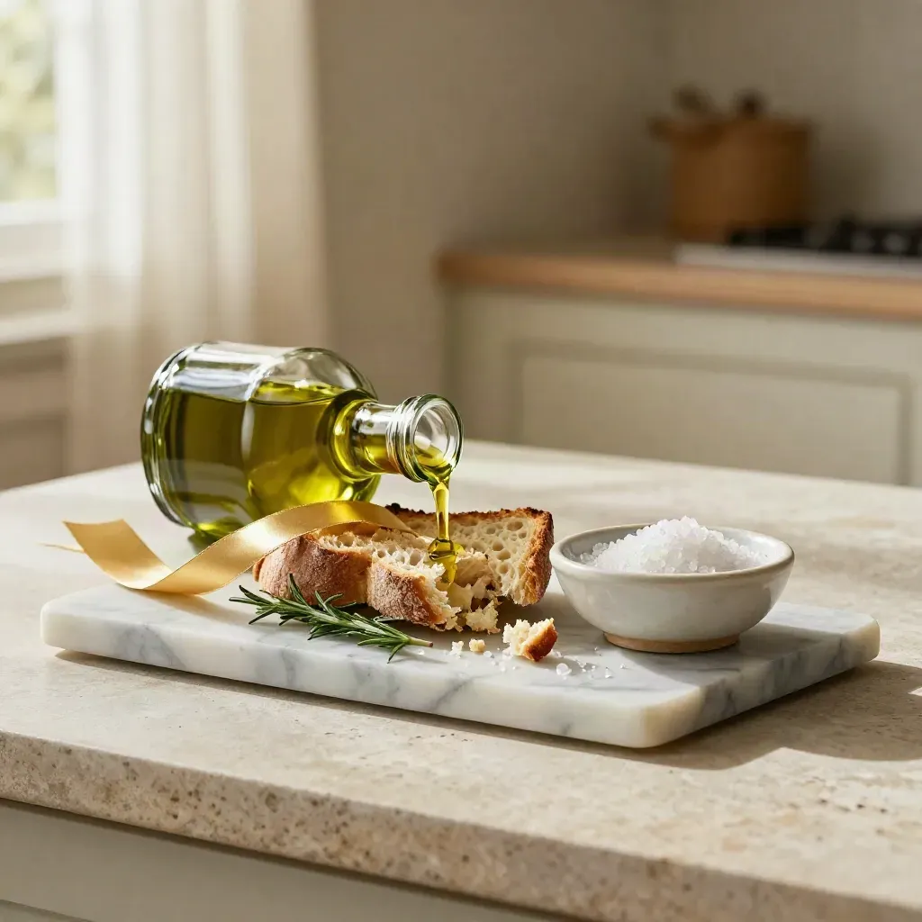 Olio d'oliva, pane rustico, sale e rosmarino su lastra di marmo, luce calda laterale.
