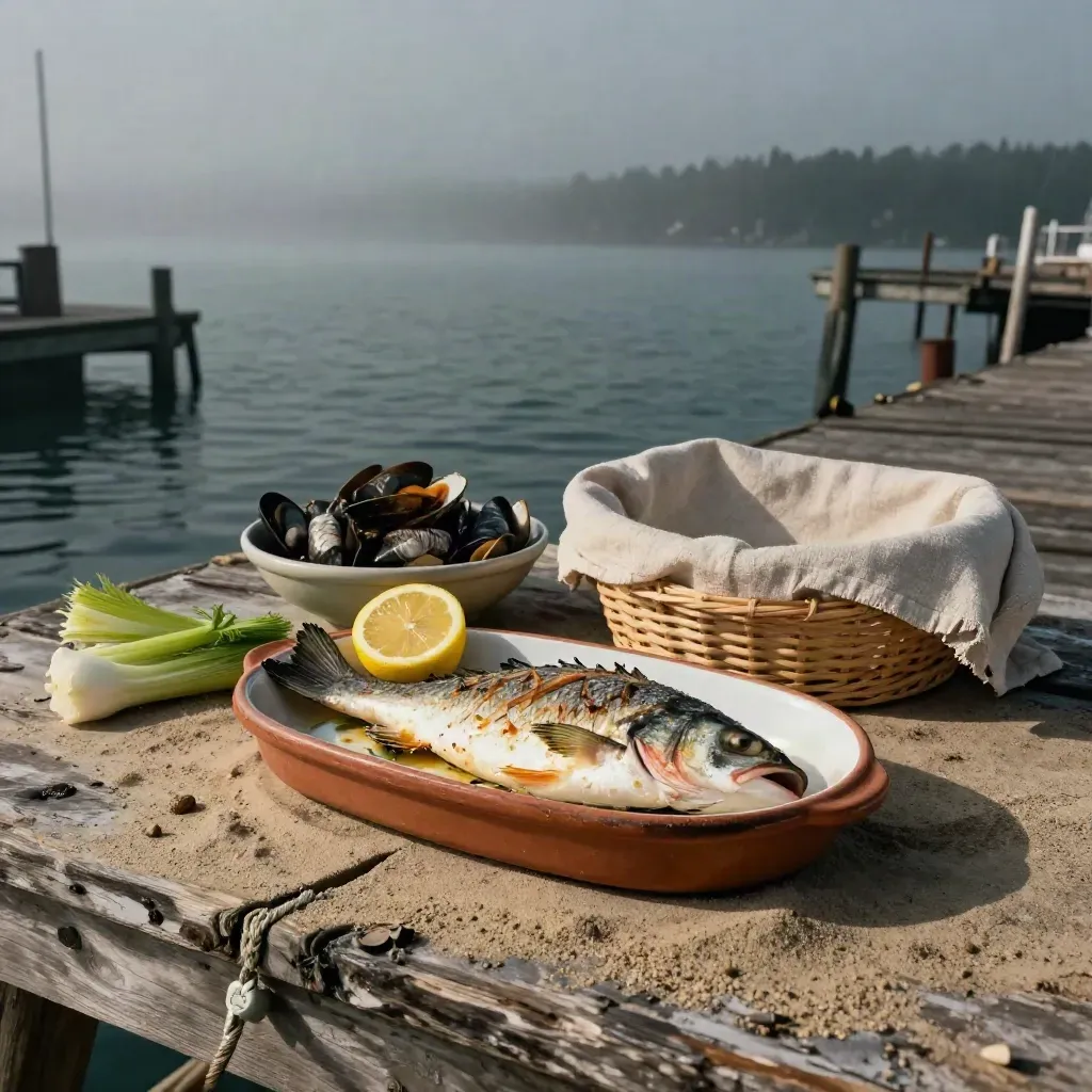 Tavolo di mare con spigola al forno, limoni, finocchio e molluschi nella foschia del porto