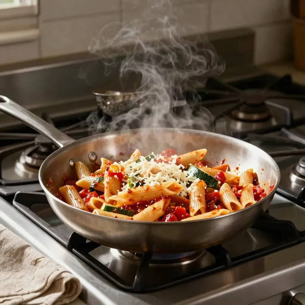 Padella di penne al pomodoro, zucchine e pecorino che fuma sul fornello.