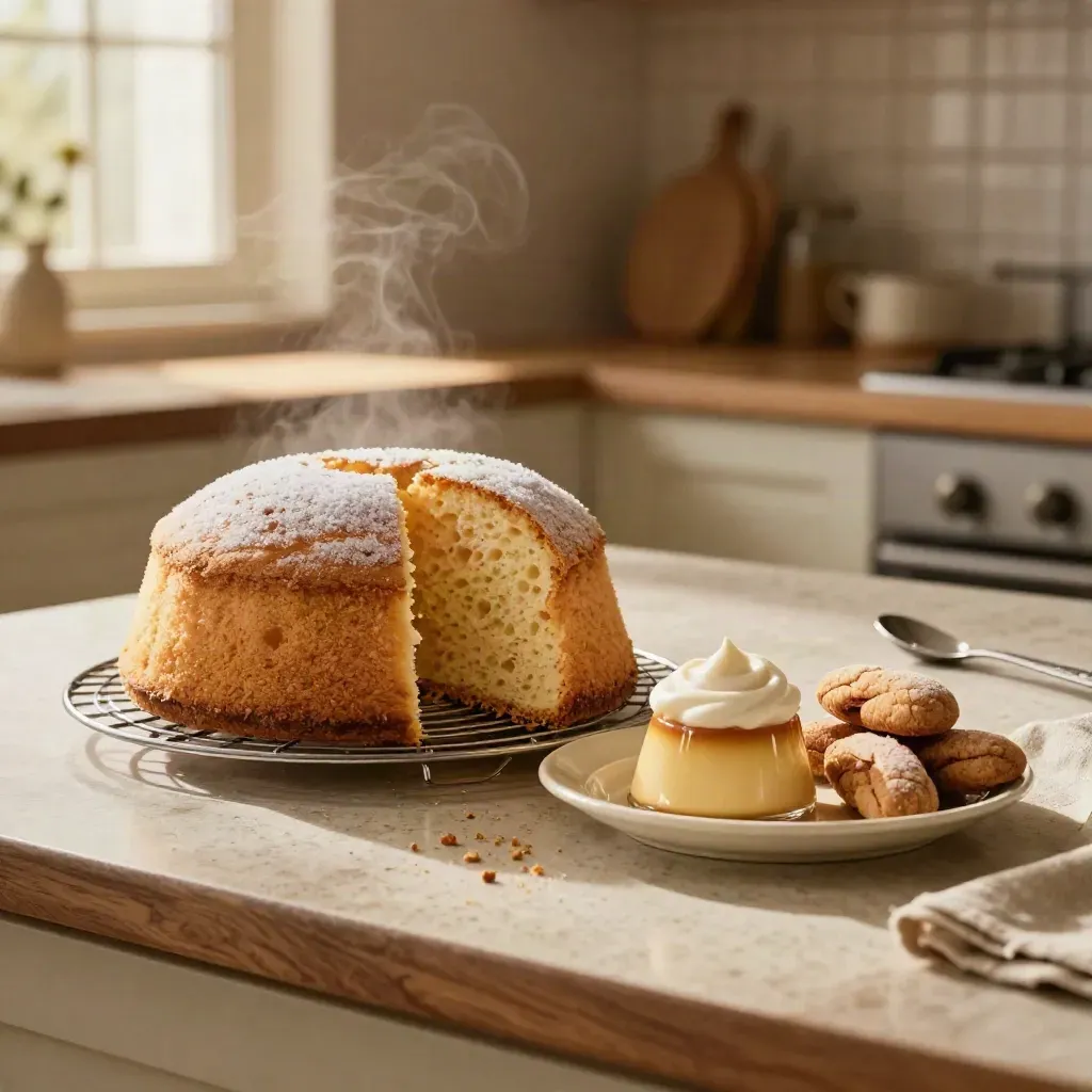 Torta soffice in raffreddamento con amaretti, biscotti e crema su piatto smaltato.