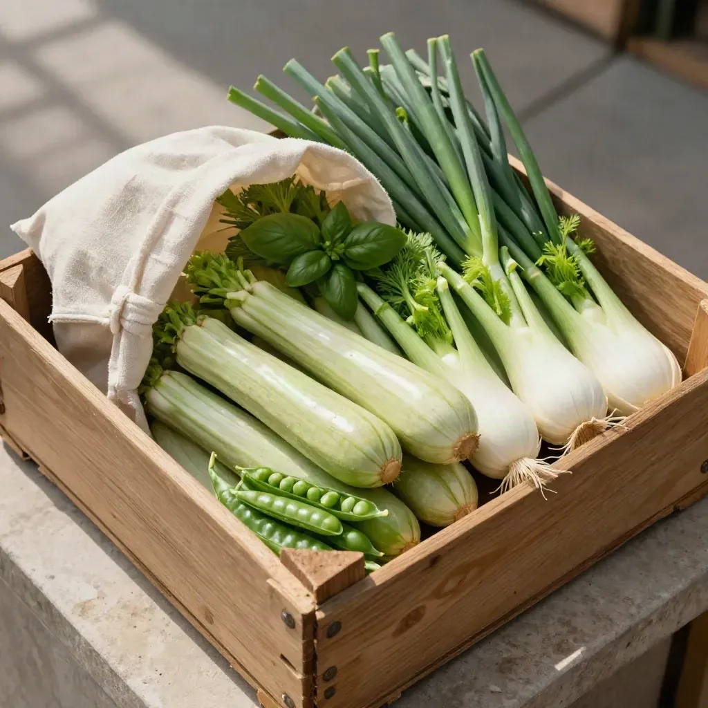 Cassetta di verdure di stagione con zucchine, piselli, cipollotti e finocchi su banco di mercato.