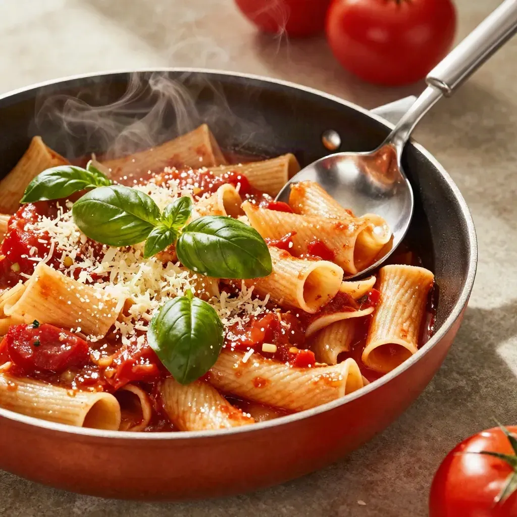 Padella bassa di pasta al pomodoro, basilico fresco, formaggio grattugiato e vapore caldo.