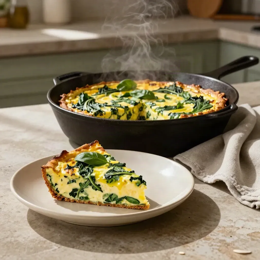Frittata di erbe tagliata in padella di ghisa con spicchio sul piatto e vapore leggero.