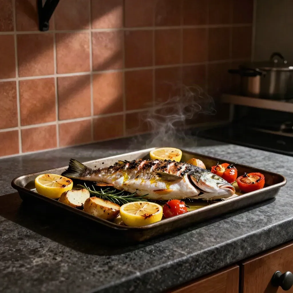 Pesce al forno con patate, limone, rosmarino e pomodorini su vassoio scuro.