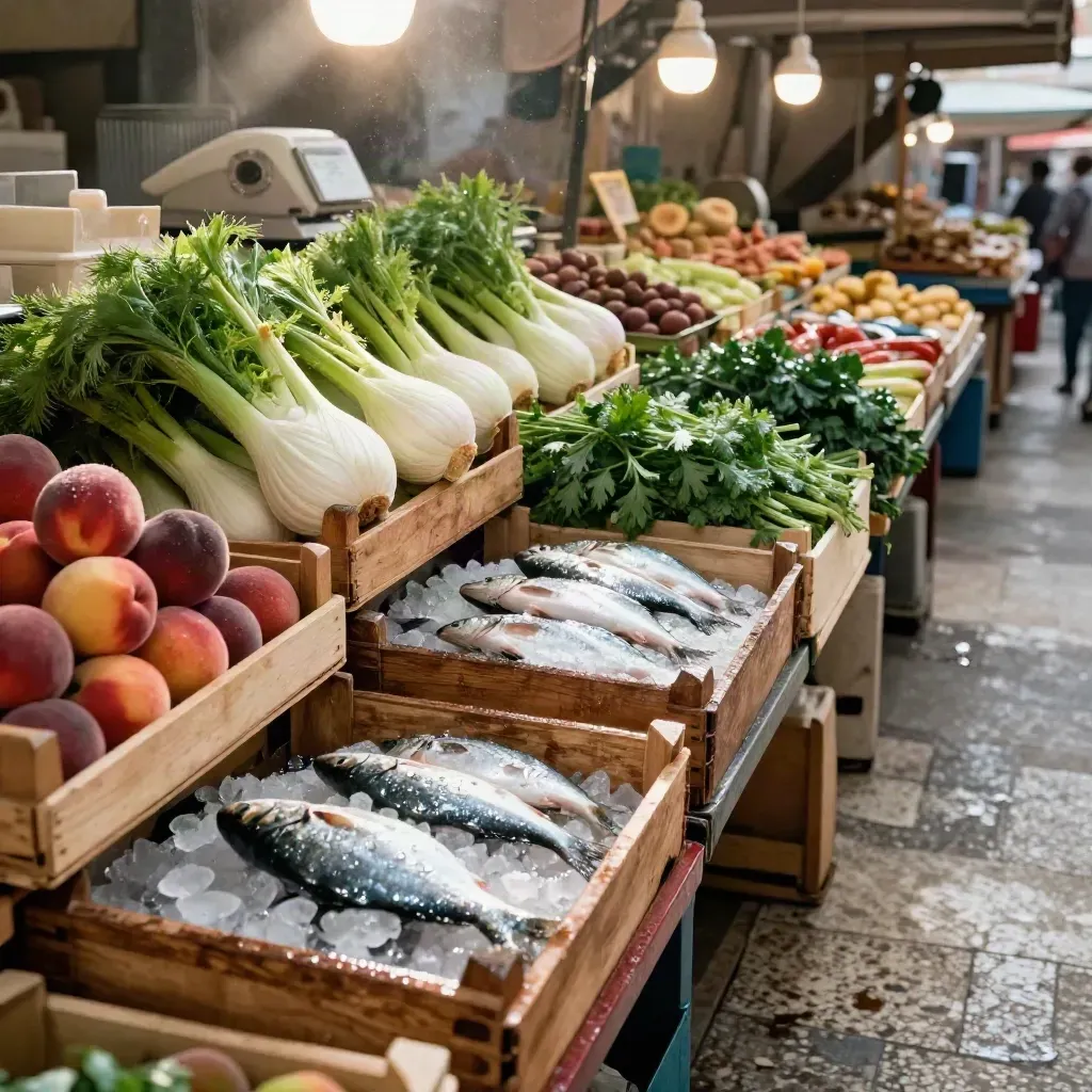 Banchi del mercato con pesche, finocchi, erbe e pesce su ghiaccio, in luce mattutina umida.