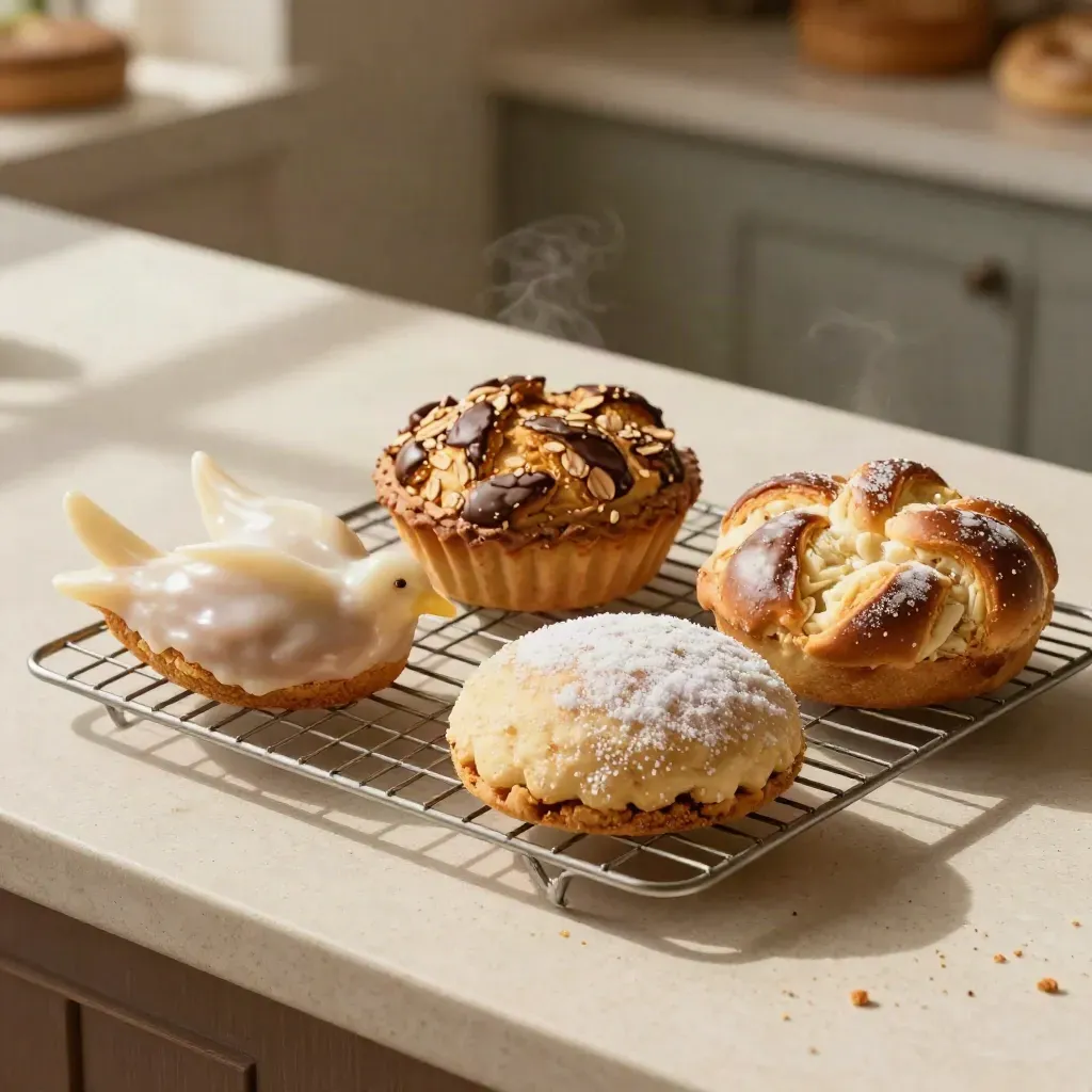 Quattro dolci di Pasqua su una griglia, con luce calda e vapore lieve
