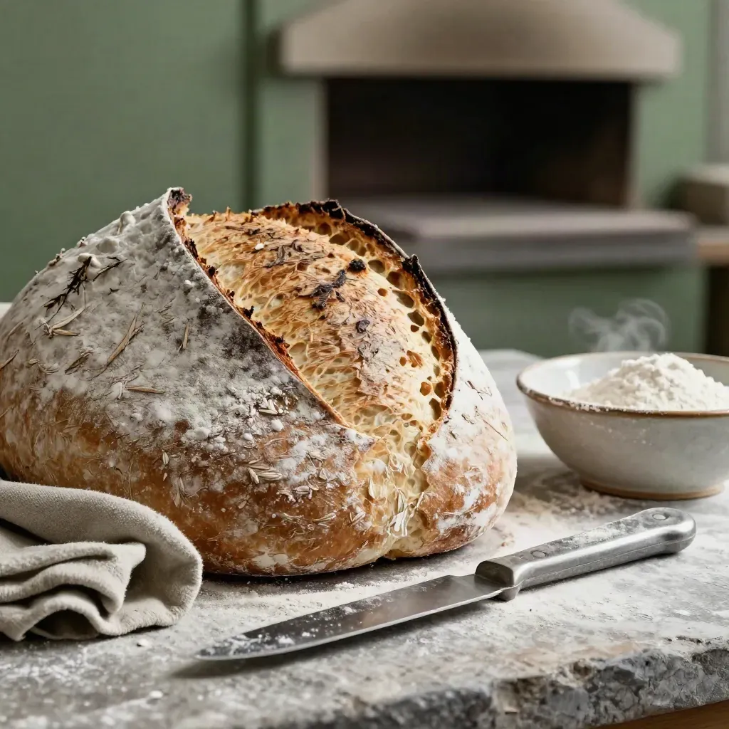 Pane lievitato nel cestino infarinato, con coltello, tela di lino e ciotola di farina.