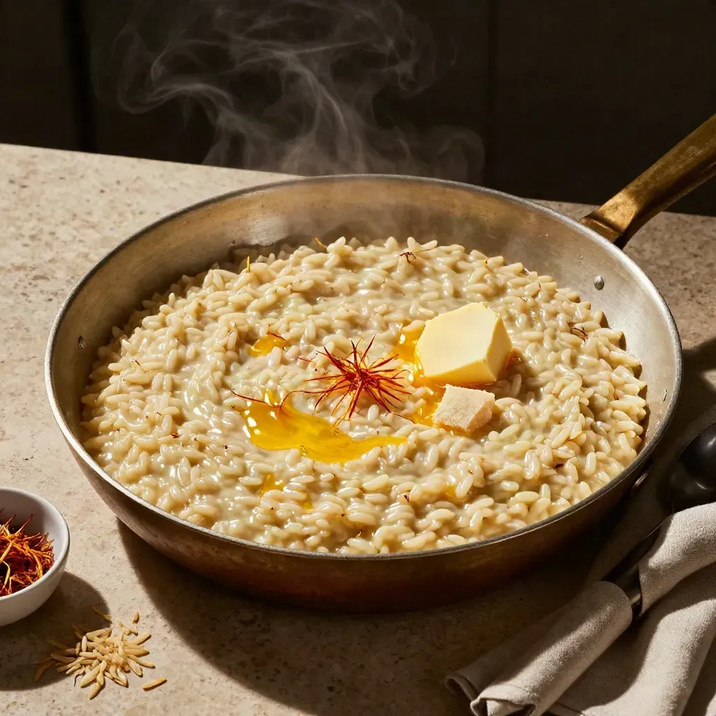 Risotto allo zafferano in padella, con vapore, parmigiano e luce drammatica.