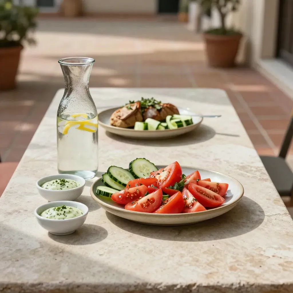 Insalata di pomodori, nastri di cetriolo, salse fredde e acqua ghiacciata in un cortile ombreggiato