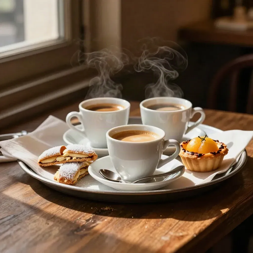 Espresso, biscotti e crostatina al limone su vassoio in un interno caldo e accogliente.