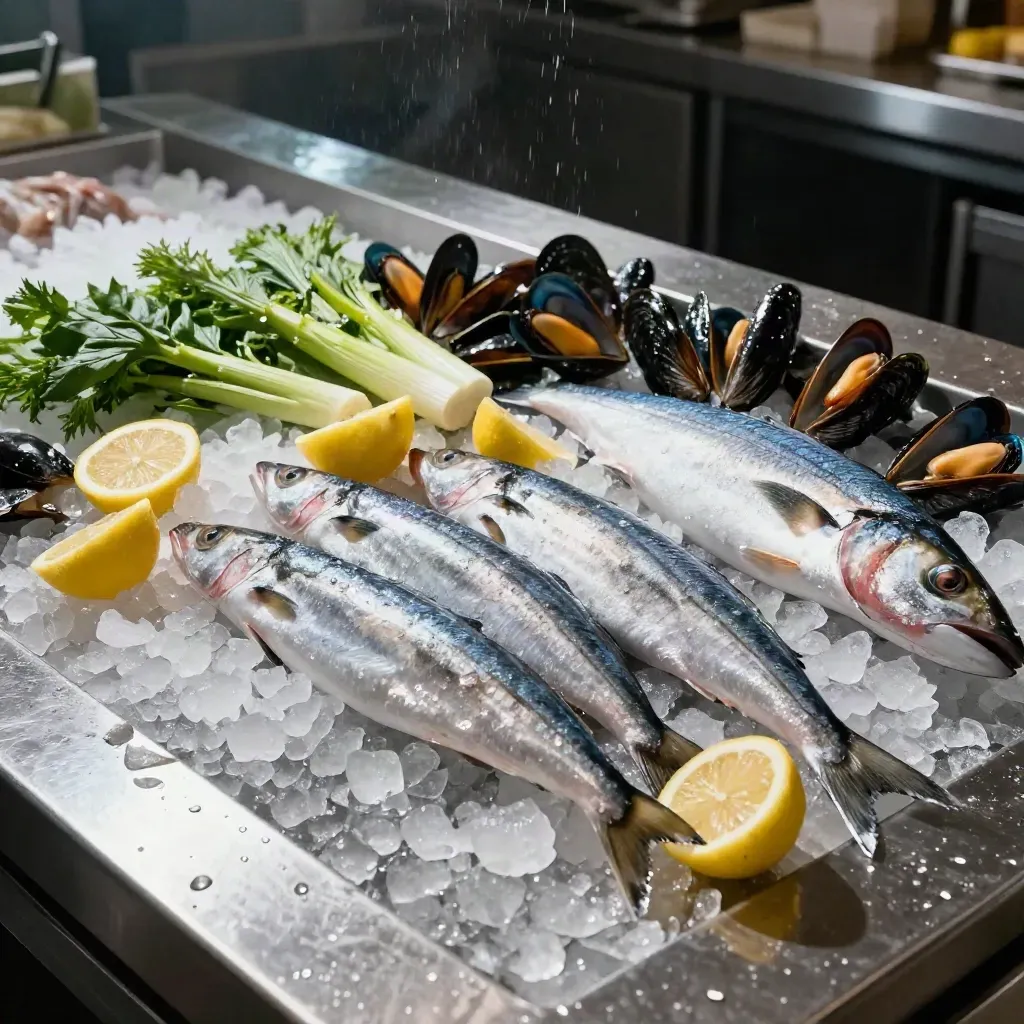 Acciughe, cozze e pesce azzurro su ghiaccio con limone e finocchio al banco del pesce