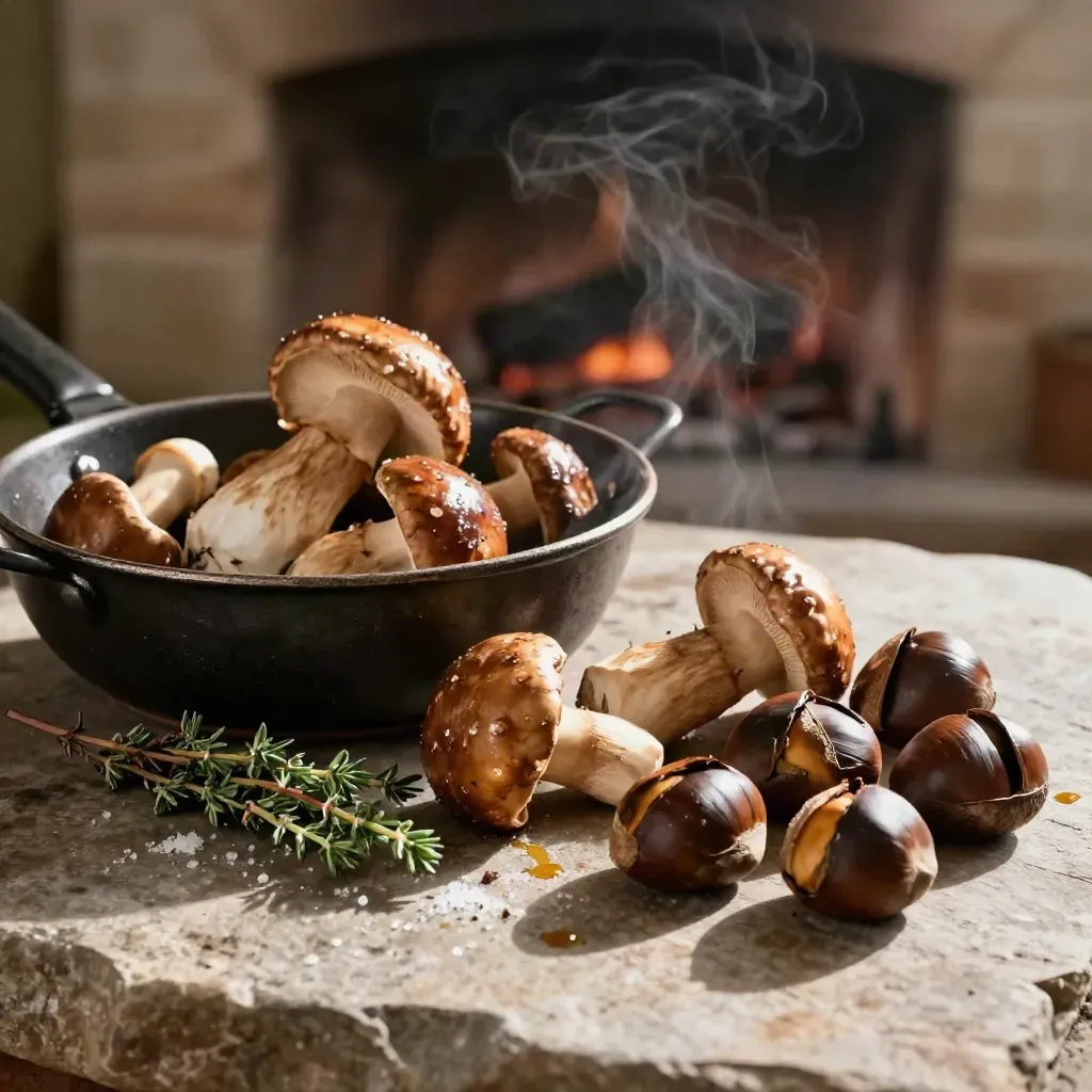 Funghi e castagne arrostiti in una ciotola scura su pietra, con timo e vapore caldo
