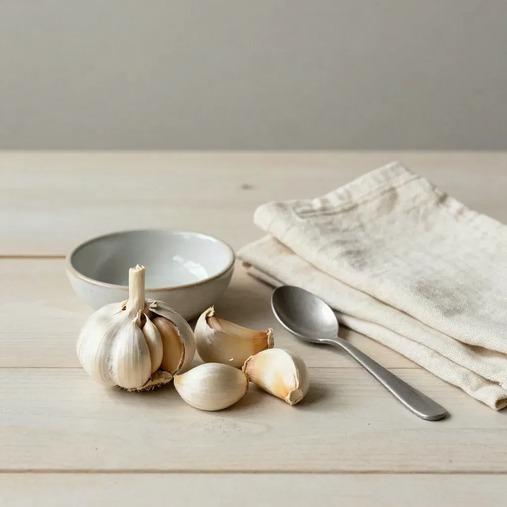 Bulbo d’aglio aperto con ciotolina, cucchiaio opaco e panno crema su legno chiaro