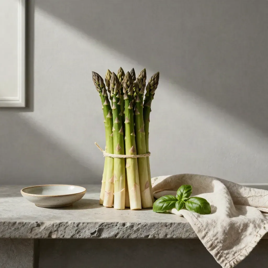 Asparagi freschi legati con spago su mensola di pietra con piattino, lino e basilico.