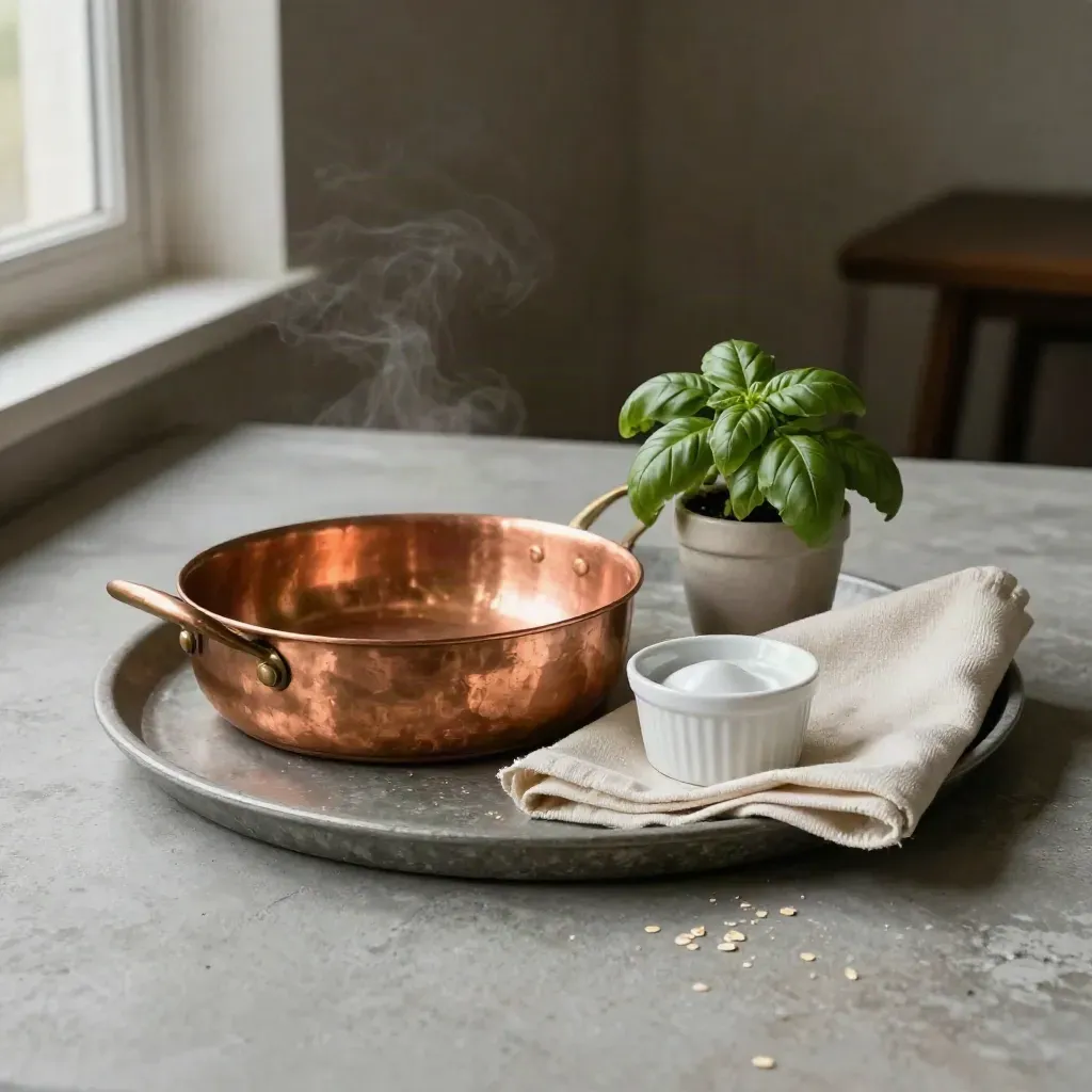 Vassoio di rame con ramekin, tovagliolo piegato e basilico su fondo in cemento.