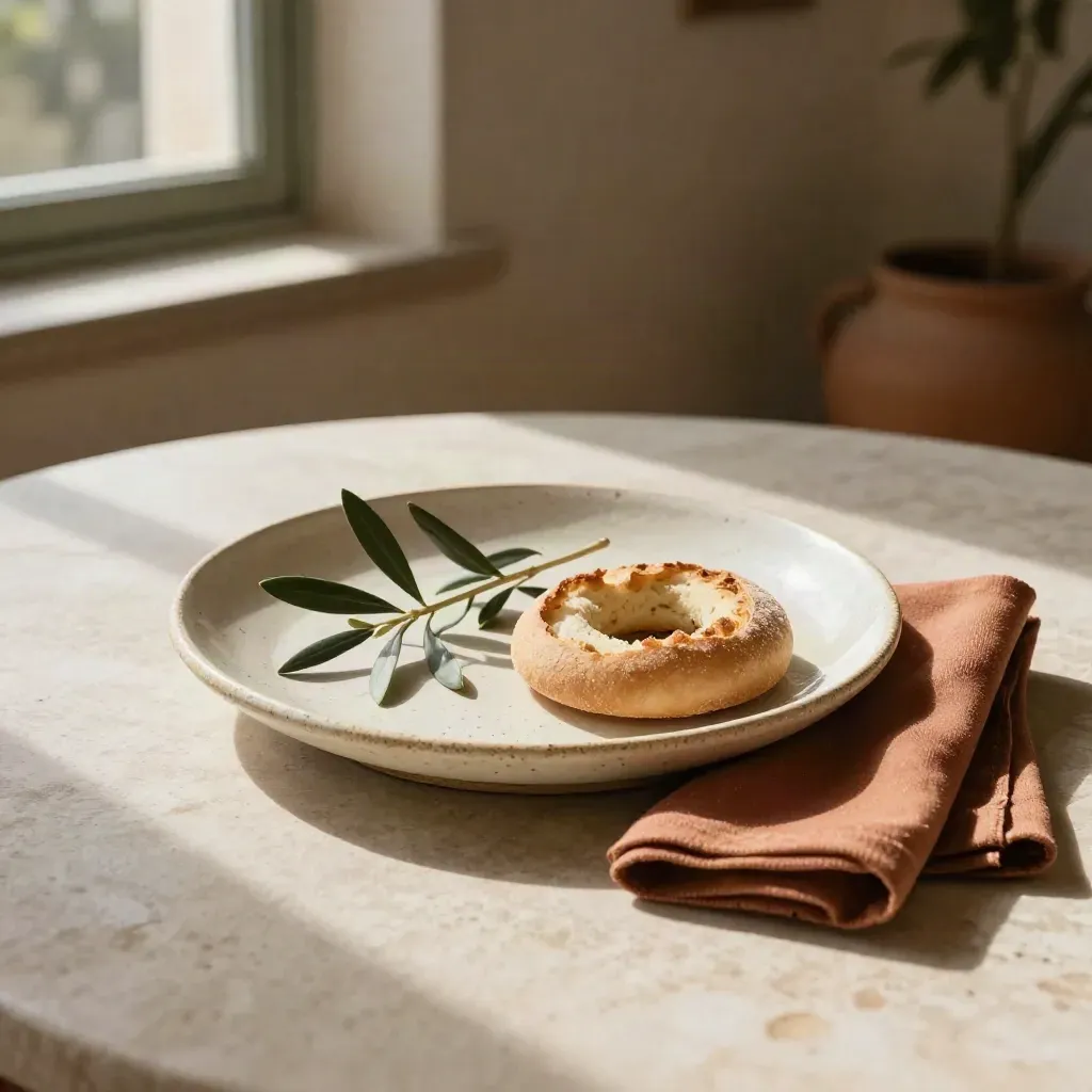 Piatto ceramico artigianale con ramo d'ulivo, tarallo e tovagliolo terracotta su tavolo di pietra.
