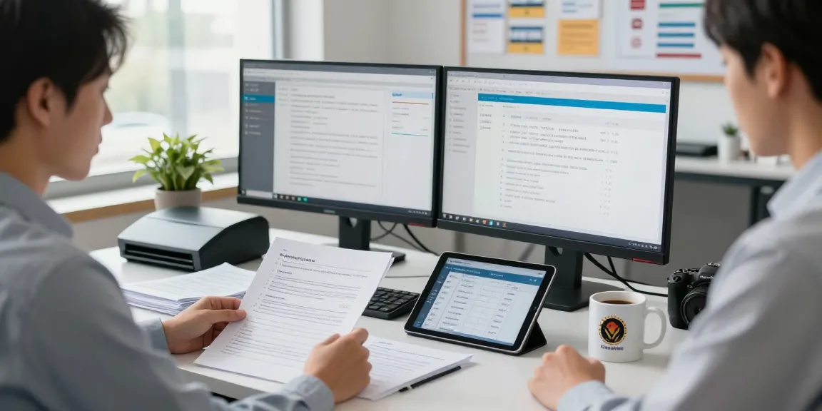 Analyst reviewing documents for document fraud detection in a bright office.
