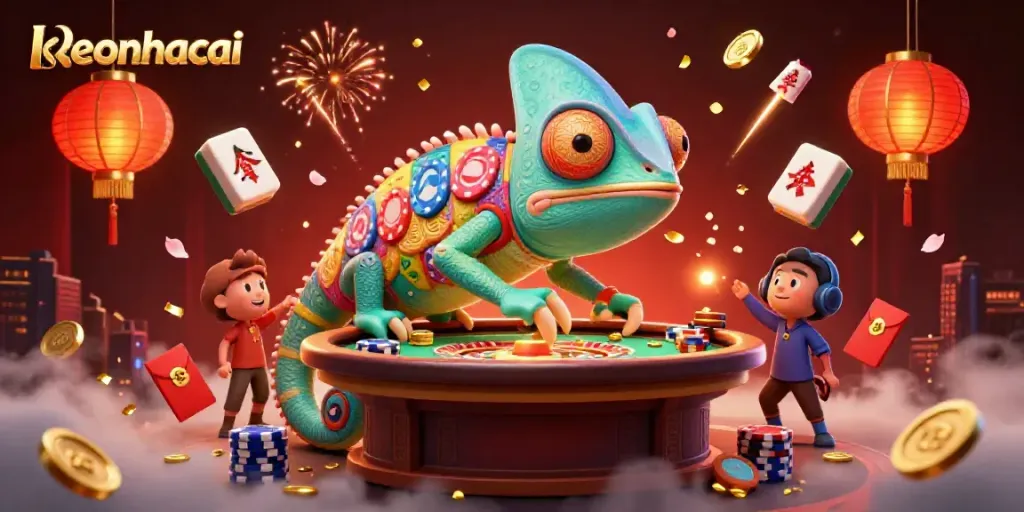 Engage with keonhacai's immersive casino atmosphere featuring vibrant characters and gaming elements in action.