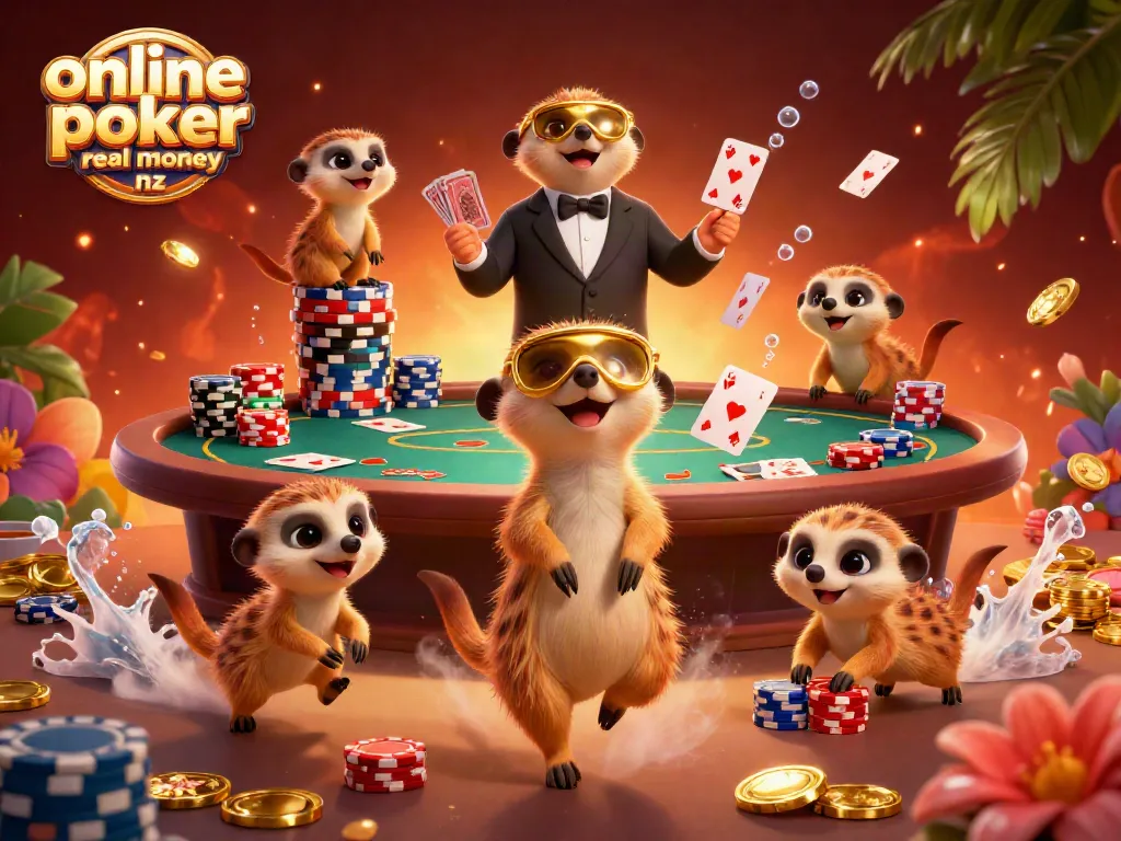 Engage in thrilling online poker real money nz action with meerkat dealers, cards, and vibrant casino elements.
