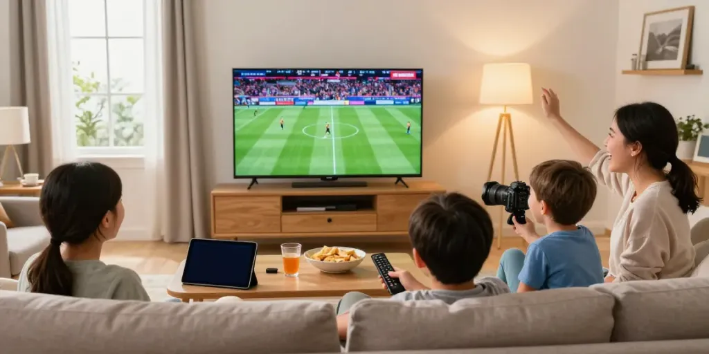 Family enjoying abbonamento iptv in a cozy living room watching live sports.